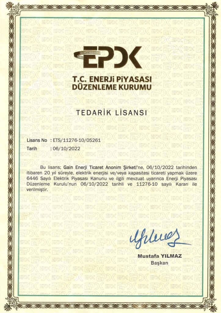 Gain Enerji Ticaret A.Ş. Tedarik Lisansı